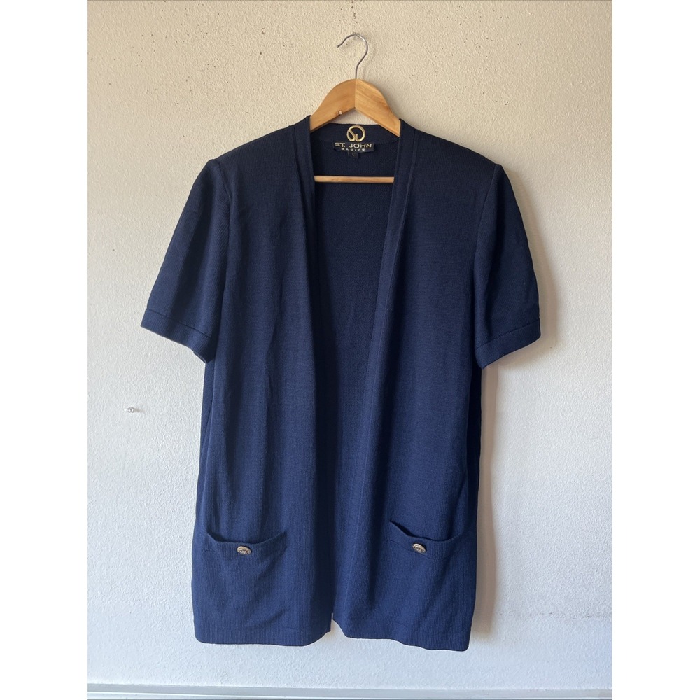 St John Basics Santana Knit Open Front Cardigan Navyblue Short Sleeve Career L